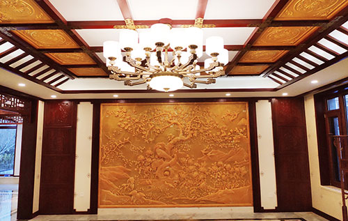 桂平中式别墅客厅中式木作横梁吊顶装饰展示